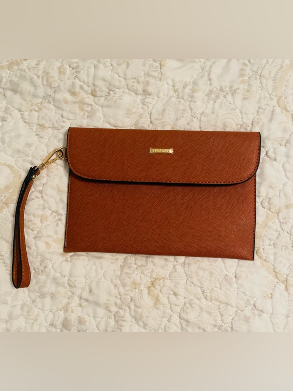 Saffiano Leather Wristlet Clutch in Cognac